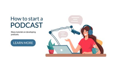 Podcast kayıtlarını öğrenmek için hedef web sayfası. Kız bir podcast yazıyor, bir webinar yönetiyor, online kurslar, eğitim podcast konsepti. Bir blogcu ses kaydediyor. Vektör