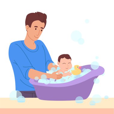 Düz bir şekilde vektör illüstrasyonu. Baba küçük bir çocuğu yıkıyor. Çocuk banyoda ördek, köpük ve sabun köpüğüyle eğleniyor. Baba evde kal ve yeni doğan bebeğe bak. Doğumhanedeki adam