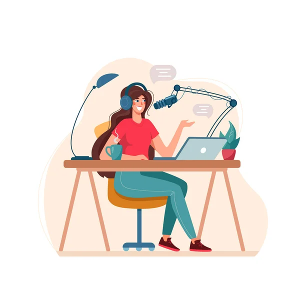 Vektör İllüstrasyon Podcast Kaydı. Kız mülakatlar, internet kursları, eğitim podcast konsepti. Web afişi, bilgi aktarımı için kullanılabilir. İzole edilmiş 