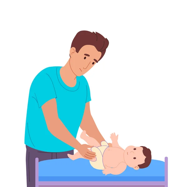 Genç adam bezini küçük oğluyla değiştiriyor. Bebek soyunma masasında yatıyor, ve baba hijyen yapıyor, bebeğe bakıyor. Baba, evde kal, doğum izninde. vektör