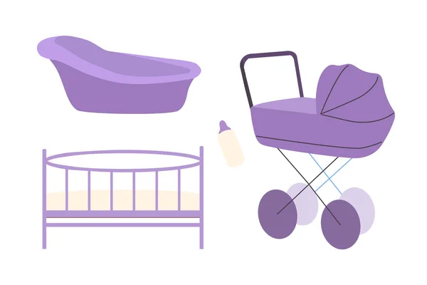 Heldere vector set van baby items: kinderwagen, bad, wieg, fles voor voeding. Violet kleur geïsoleerd op witte dingen voor kinderen — Stockvector