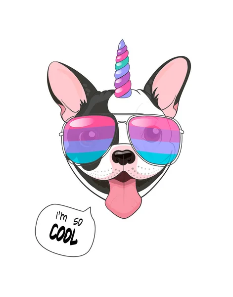Komik poster. Boynuz renginde ve gökkuşağı gözlüklü Fransız bulldog 'u. Beyaz üzerinde izole edilmiş vektör illüstrasyon unicorn-dog. 