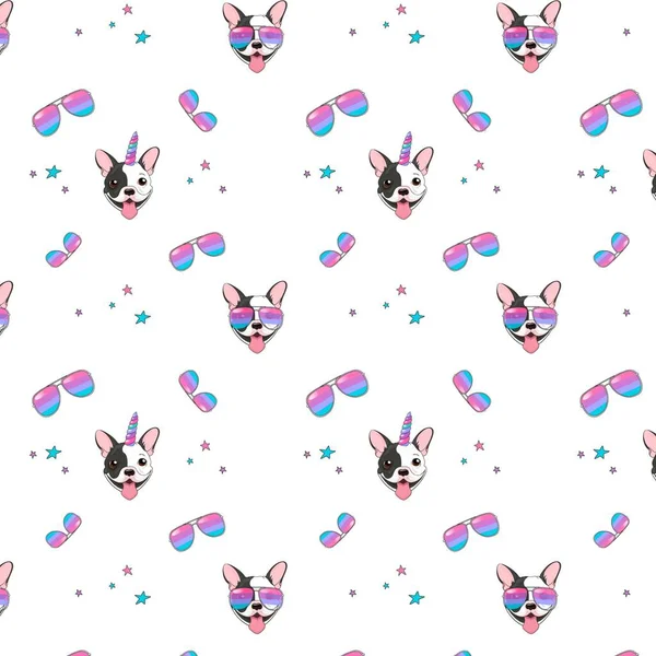 Seamless vector pattern with French bulldog with horn unicorn colorful and rainbow glasses on a white background. Texture for baby — Stock Vector