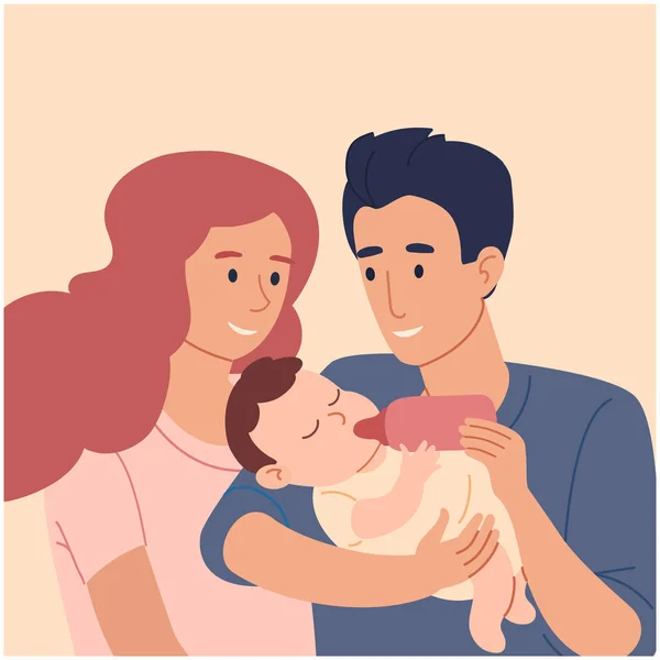 Anne ve baba oğullarını biberonla besler. Sevgi dolu bir çift, kucağında bebeği olan balayı çifti. Bej arka planda izole edilmiş düz bir dairede vektör çizimi. Aile, sevgi, annelik ve babalık