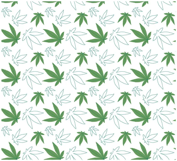 Padrão vetorial sem costura Folhas de cannabis verde. Estilo plano, arte de linha.Isolado em um fundo branco. Papel de parede, embalagem, impressão para têxteis — Vetor de Stock