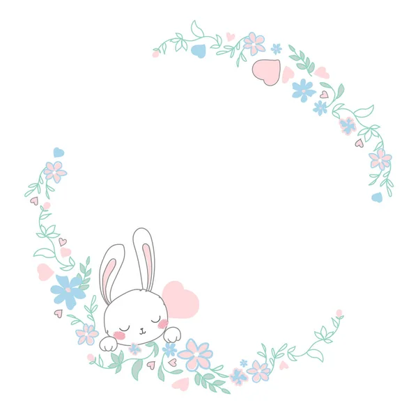 Leuke lentekrans van bloemen en een zachte grijze haas. Lineaire tekening Geïsoleerd op witte achtergrond. Roze en blauwe delicate bloemen. Konijn met gesloten ogen en roze wangen. Vector met de hand getrokken — Stockvector