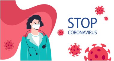 Doktor modern bir süper kahramandır. Yazıt Coronavirus 'u durdurun diyor. Tıbbi maskeli ve kırmızı pelerinli kadın doktor. Hemşirenin etrafındaki bakteriler. Covid-19 koronavirüs salgını. İzole vektör