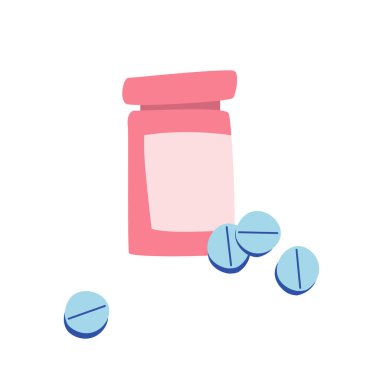 Vektör illüstrasyonu: Mavi haplar ve pembe kavanoz..