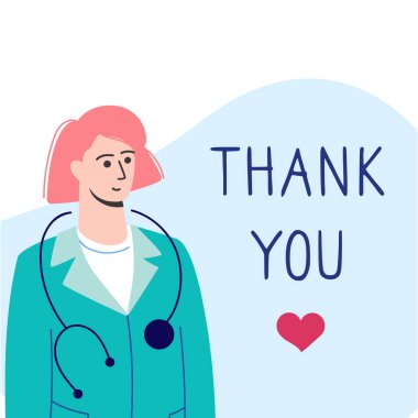 Doktor kadın sabahlık giymiş ve elinde fonendoskopla. Doktor 2020 'nin modern kahramanı. Teşekkürler. Coronavirüs salgını bağlamında tıbbi ekip Covd-19 'u karantinaya alın. Düz biçim vektörü.