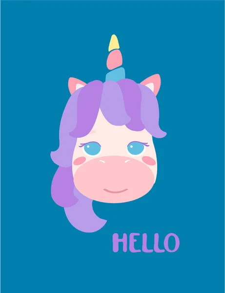 Unicorn with quote lettering Hello on a purple background. It can be used for sticker, badge, card, patch, phone case, poster, t-shirt, mug etc. Baby card, invitation. Delicate pastel colors for kids — Stock Vector