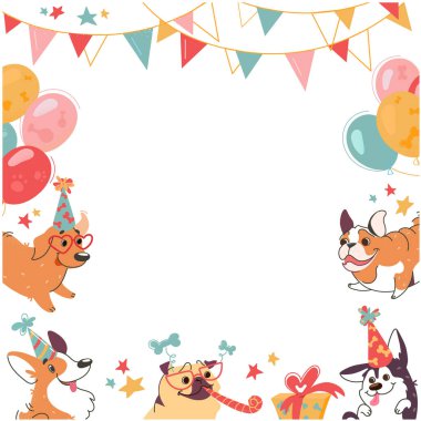 Şirin köpekli şenlik çerçevesi, Galli mantarı, çoban, labrador, pug, bulldog. Pasta ve karikatür tarzında toplarla doğum günü partisi. Köpek beyaz üzerine izole edilmiş, vektör illüstrasyonu.