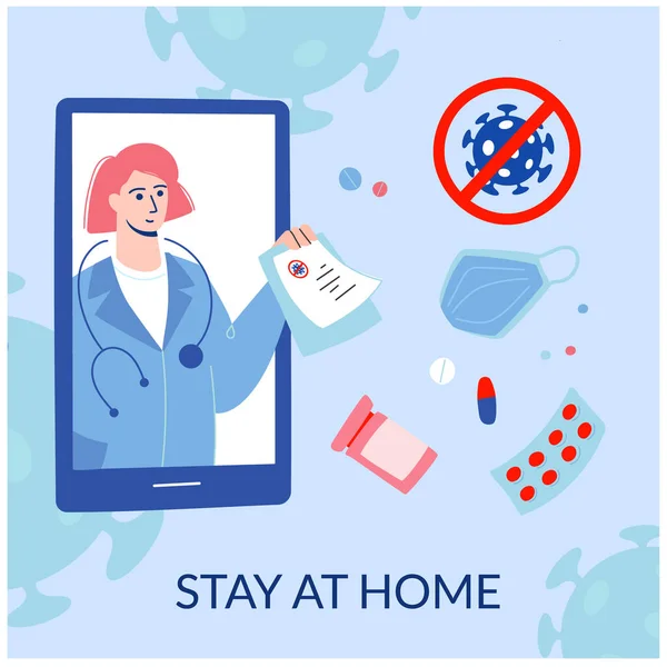  Karantinada kal. Caronavirus virüsü, kendini izole etme, karantina. Doktor, hastalığınız için tedavi olun, akıllı telefonunuzu kullanarak internete girin. Gezici danışmanlık, akıllı tıbbi yardım. Çizgi film vektörü,