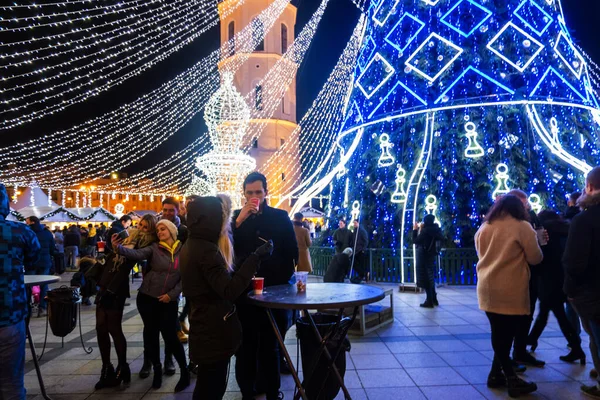 Weihnachtsbaum und Menschen auf dem Weihnachtsmarkt mit Dekoration auf dem Domplatz in Vilnius, Litauen — Stockfoto