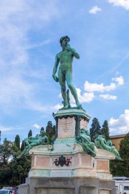Florence, Italy - August 16, 2019:David Statue at Michelangelo Square in Giuseppe Poggi on hillside in Florence, Tuscany, Italy clipart