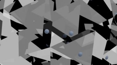Kırık cam şekillerinin 3 boyutlu görüntüsü. İçinde mavi küreler olan ayna yansımaları. Dağınık çizgi hareketi. Soyut grafik siluetlerle garip hareket tasarımı. Gri arkaplanda canlandırılmış siyah şekiller.