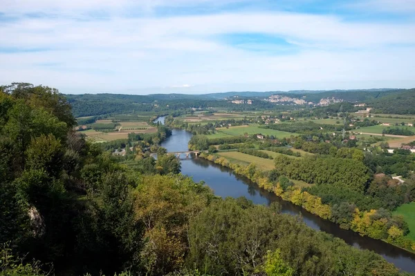 Késő Nyári Kilátás Patchwork Mezők Folyó Dordogne Völgyben Domme Aquitane — Stock Fotó