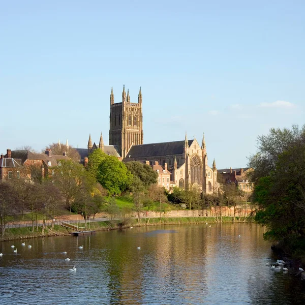 İngiltere, Worcestershire, Severn Nehri bahar güneşinde Worcester Katedrali 'nin yanından akıyor.