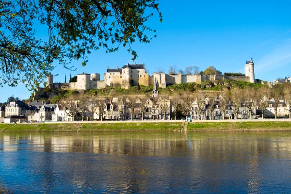 Chinon Town Its Chateau Hill Spring Afternoon Sunshine Banks River Stock Photo