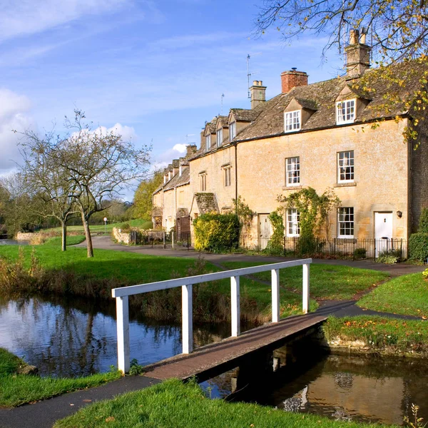 Winter Sunshine Cotswold Cottages River Eye Lower Slaughter Gloucestershire Cotswolds — Stock Photo, Image