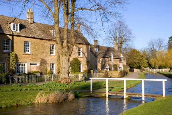 Winter Sunshine Cotswold Cottages River Eye Lower Slaughter Gloucestershire Cotswolds — Stock Photo, Image