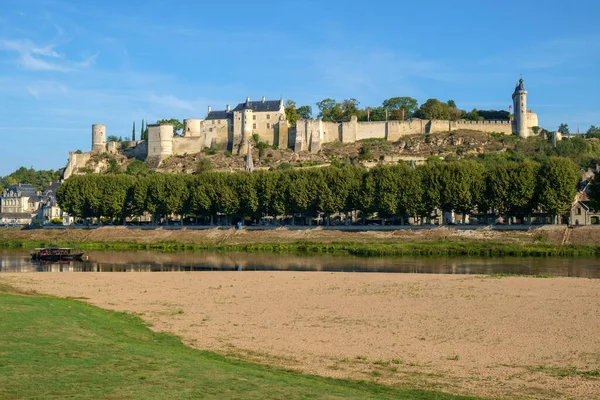 Chinon Chateau Stands Hill Early Autumn Morning Sunshine High River Stock Photo