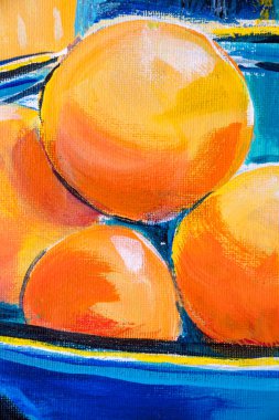 Renkleri, dokuları ve teknikleri gösteren akrilik resimlerin detayları. Portakal dolu bir meyve kasesinin detaylarını kapat..