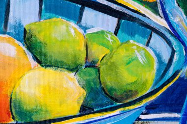 Renkleri, dokuları ve teknikleri gösteren akrilik resimlerin detayları. İçinde narenciye, limon ve limon bulunan bir meyve kasesi..