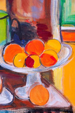 Renkleri, dokuları ve teknikleri gösteren akrilik resimlerin detayları. Matisse 'den sonra portakallı bir meyve kasesinin taslağı..