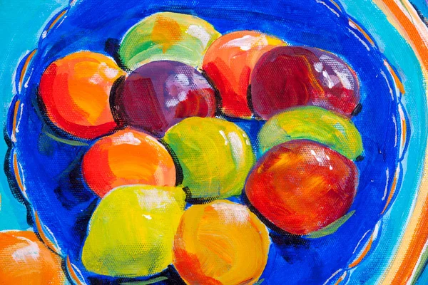 Renkleri, dokuları ve teknikleri gösteren akrilik resimlerin detayları. Limonlu, limonlu ve satsumalı mavi meyve kasesi..