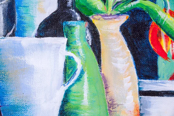 显示颜色 纹理和工艺的丙烯酸绘画的细节 表现主义壶和花瓶 — 图库照片