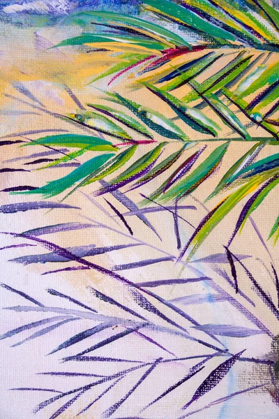 显示颜色 纹理和工艺的丙烯酸绘画的细节 具有表现力的棕榈树叶及沙滩背景 — 图库照片