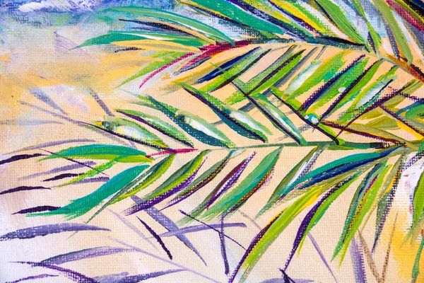 Szczegóły Malarstwa Akrylowego Pokazujące Kolor Faktury Techniki Wyraźne Liście Palmy — Zdjęcie stockowe