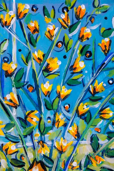 技術を示すアクリル絵具の詳細 黄色の春の花と表現主義の木の枝 — ストック写真