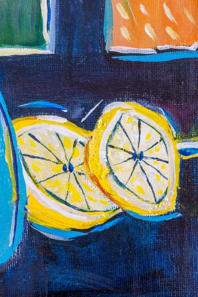显示颜色 纹理和工艺的丙烯酸绘画的细节 工作台上的柠檬片 — 图库照片