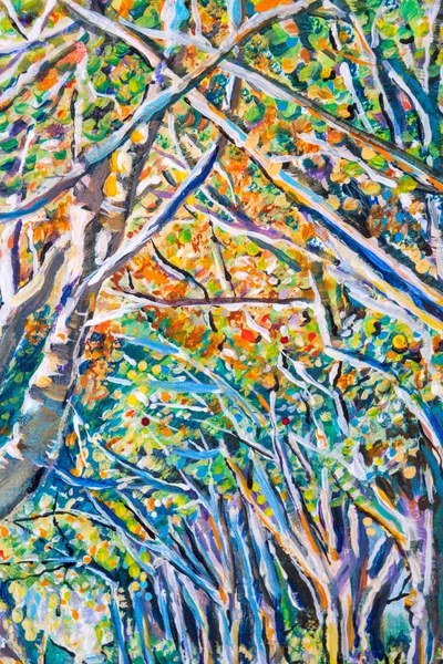 Uppgifter Akrylmålningar Som Visar Färg Texturer Och Tekniker Allé Träd — Stockfoto