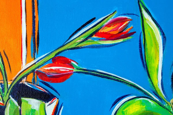 Detaily Akrylových Maleb Znázorňujících Barvu Textury Techniky Červené Tulipány Květiny — Stock fotografie