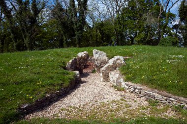 İngiltere, Cotswolds, Gloucestershire, Nympsfield Long Barrow 'un Coaley Tepesi' ndeki tarih öncesi gömü yerinin kalıntıları.