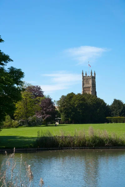 Tower Landmark Abbey Church Seen Abbey Grounds Spring Sunshine Cirencester — стокове фото