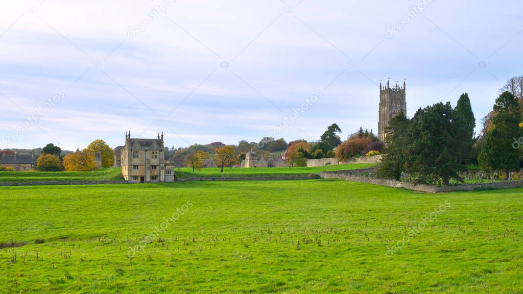 Historic Chipping Campden architecture viewed across the fields, Gloucestershire, Cotswolds, UK