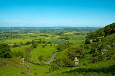 Coaley Tepesi Piknik Alanı ve Viewpoint, Gloucestershire, Birleşik Krallık 'ta yer alan Coaley Tepesi Piknik Alanı' nda, önü dolambaçlı bir yolu olan tarlaların üzerinde Severn Nehri ve Dean Ormanı 'na doğru geniş bir bakış açısı var.