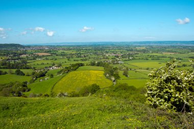 Coaley Tepesi, Cotswolds, Gloucestershire, İngiltere 'deki The Cotswold Yolu' ndan Severn Vale 'e bakın.