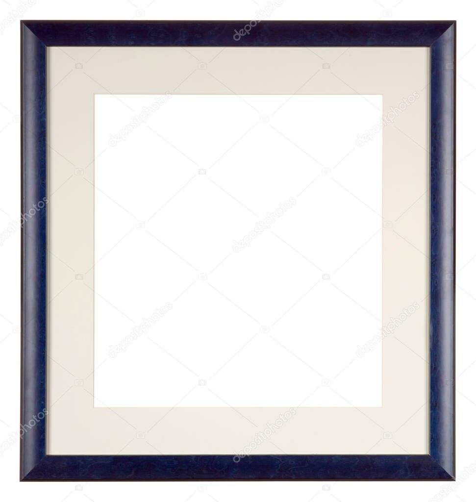 Empty picture frame isolated on white, square format with mount, blue painted finish