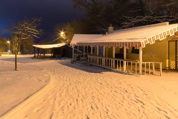 Snow covered path lit by street lights