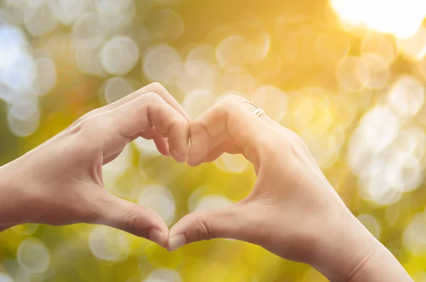 Weibliche Hände Herzform auf Natur grün Bokeh Sonnenlicht Fackel und verschwimmen Blatt abstrakten Hintergrund. — Stockfoto