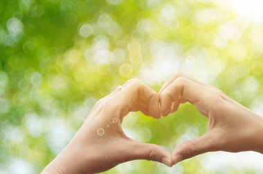 Eller şekil doğa yeşil bokeh güneş ışık parlama üzerinde kalp ve yaprak arka plan bulanıklık.