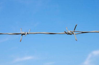 Dikenli tel ile mavi gökyüzü ve bulut beyaz arka plan.