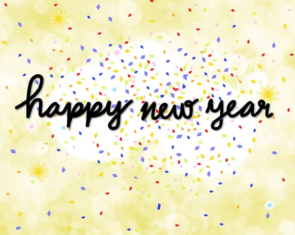 Mutlu yeni yıl kelime el üzerinde sarı arka plan çizimi. — Stok fotoğraf