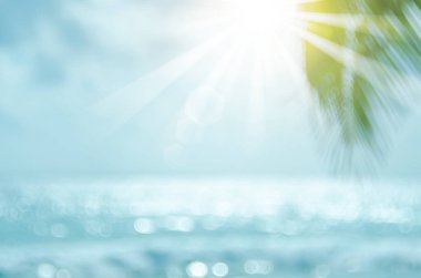 Güzel doğa yeşil palmiye yaprağı bokeh güneş ışık dalga arka plan ile tropik sahilde bulanıklık.