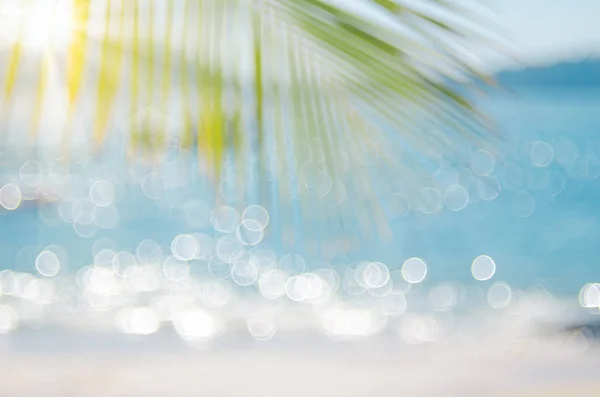 Blur beautiful nature green palm leaf on tropical beach with bokeh sun light wave abstract background. — Stock Photo, Image