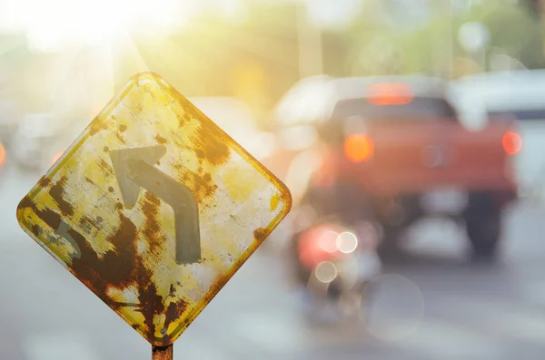 Old Curve Road Warning Sign Blur Traffic Road Colorful Bokeh — Stock Photo, Image
